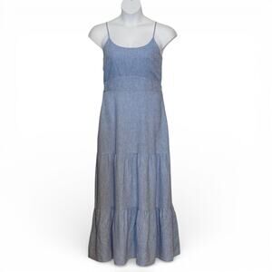 Joie Chambray Linen Blend Tiered Maxi Dress Sleeveless Pockets Resort Size 10